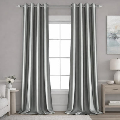 2 Panels Silver Grey Faux Silk Blackout Luxury Curtains, 52 X 96 Inch Room Darkening Satin Thermal Insulated Window Drapes for Bedroom Decor, Indoor