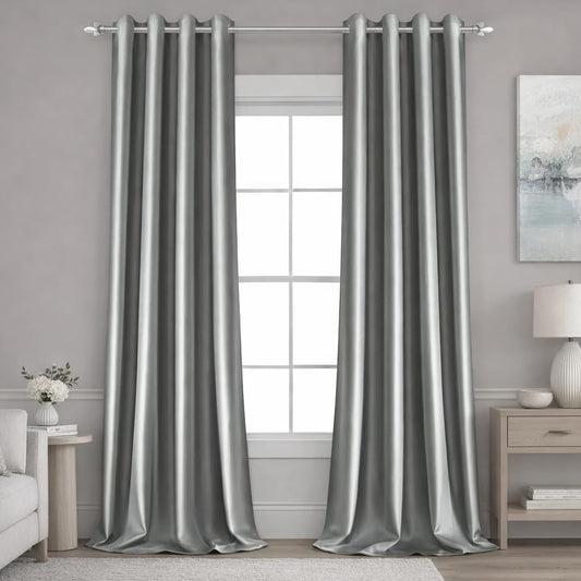 2 Panels Silver Grey Faux Silk Blackout Luxury Curtains, 52 X 96 Inch Room Darkening Satin Thermal Insulated Window Drapes for Bedroom Decor, Indoor