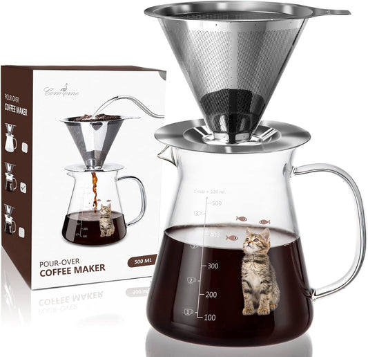 Pour over Coffee Maker 17 Oz, Drip Coffee Maker Pour over with High Heat-Resistant Carafe and Permanent Stainless Steel Filter, Portable Coffee Pour over Maker Perfect for Home or Office