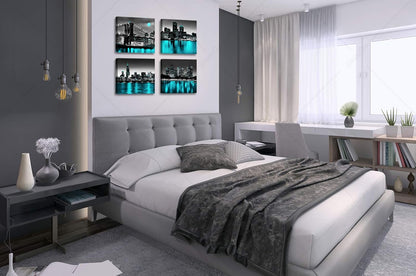 Wall Decorations Chicago Boston Los Angeles Brooklyn Bridge Skyline Canvas Art Black White USA New York City Pictures Teal Turquoise Lake Water Building Cityscape Home Living Room Office