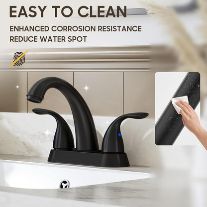 4 Inch 2 or 3 Holes 2 Handles Centerset Matte Black Lead-Free Bathroom Sink Faucet, Bathroom Faucet with Copper Pop up Drain and Water Supply Lines, BF008-5-MB