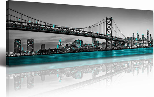 Philadelphia Skyline City Canvas Wall Art Decor Framed 14"X48" Black and White Aqua Green Teal Panorama Cityscape Pictures Artwork Painting Poster for Bedroom Office Decoration Stretch