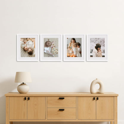 11X14 Picture Frame 4 Pack Made of Solid Wood and Strong Real Glass, Display 8X10 and 8.5X11 Photos with Mat or 8X10 without Mat, Room Decor for Wall and Tabletop, Gallery Gifts White