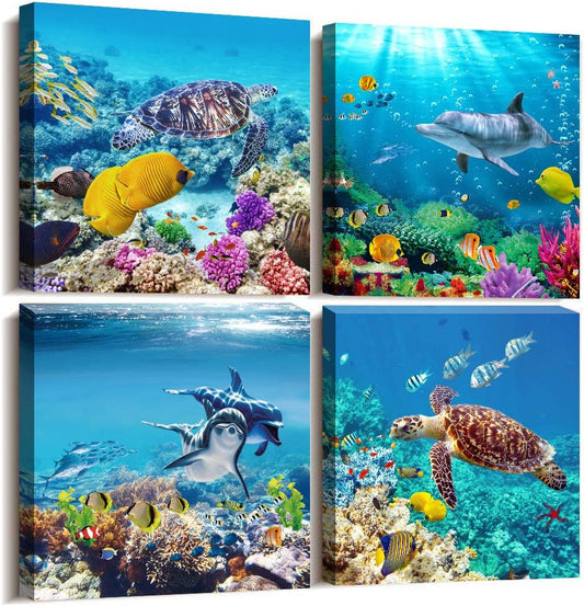 Canvas Wall Art for Living Room- Family Bedroom Canvas Pictures Artwork Bathroom Wall Decor- 4 Panels Coral and Sea Fish and Turtles Ocean Theme Stretched and Framed Ready to Hang Modern Home Decor