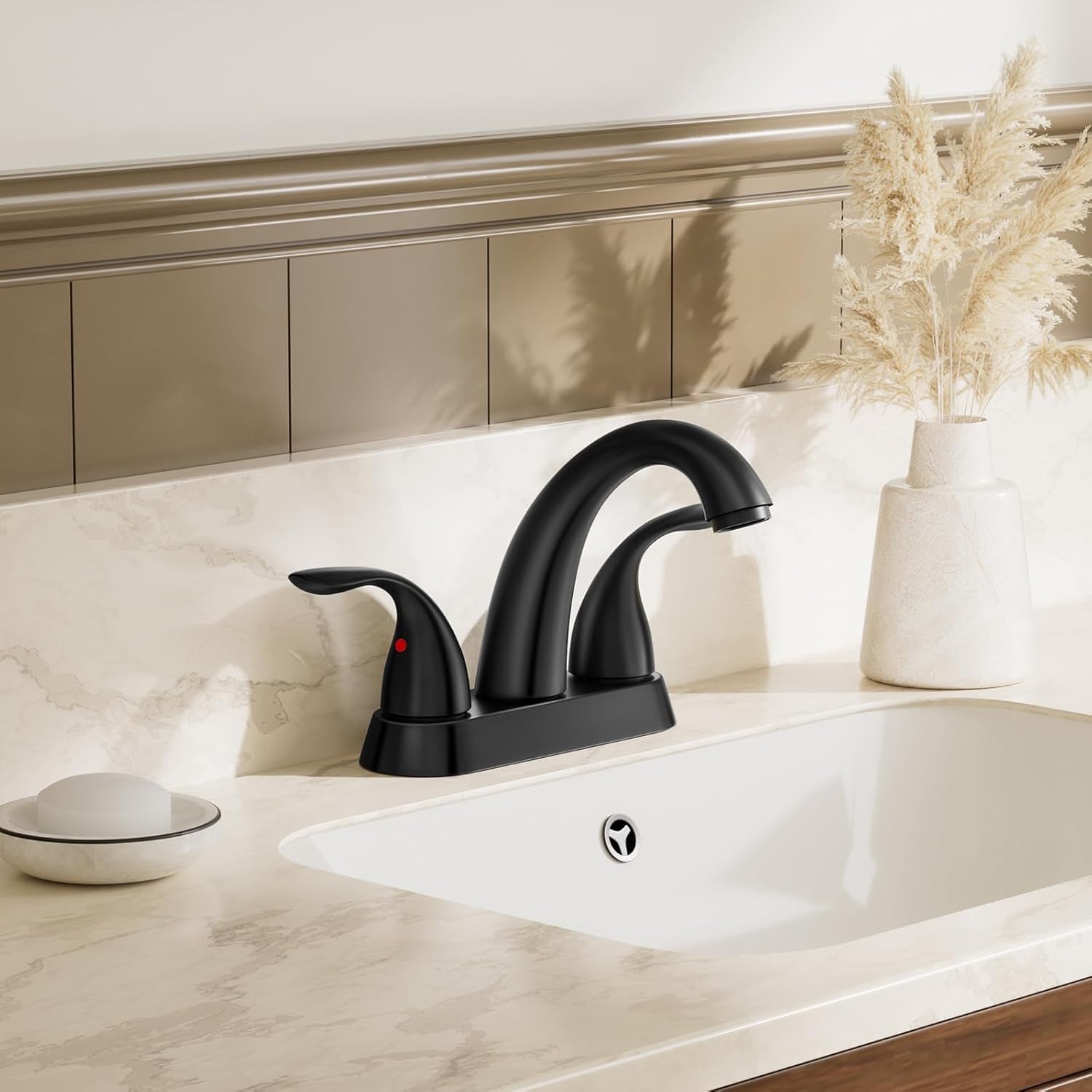 4 Inch 2 or 3 Holes 2 Handles Centerset Matte Black Lead-Free Bathroom Sink Faucet, Bathroom Faucet with Copper Pop up Drain and Water Supply Lines, BF008-5-MB