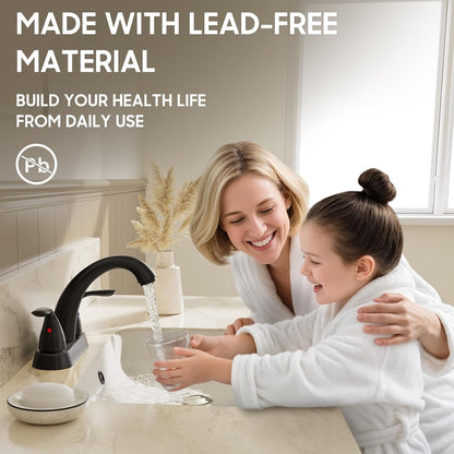 4 Inch 2 or 3 Holes 2 Handles Centerset Matte Black Lead-Free Bathroom Sink Faucet, Bathroom Faucet with Copper Pop up Drain and Water Supply Lines, BF008-5-MB