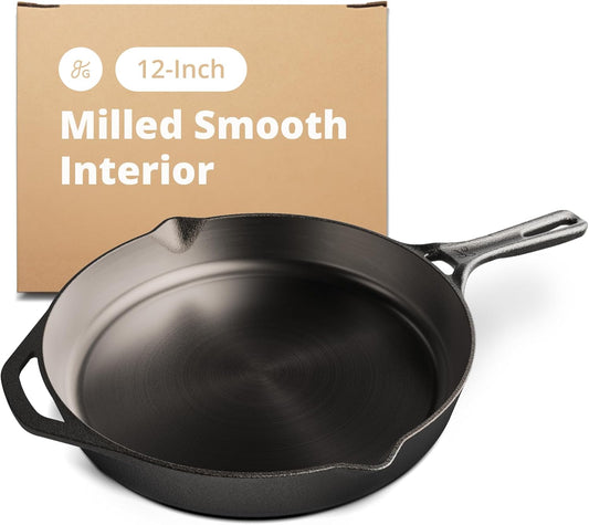 Cast Iron Skillet, Cook like a Pro with Smooth Milled, Organically Pre-Seasoned Skillet Surface,12-Inch, Designed in St. Louis