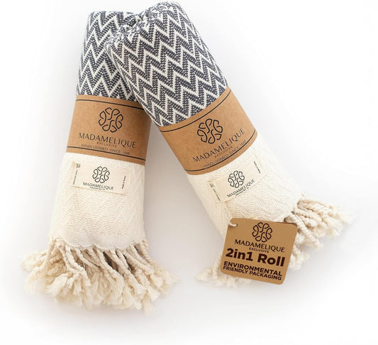 Exclusive Hand Towels Set of 2-18 X 40 Inches - Decorative Bathroom Peshtemal Towel for Hand, Face, Hair, Yoga, Tea, Dishcloth, Kitchen and Bath - 100% Pure Cotton (Vintage Gray)